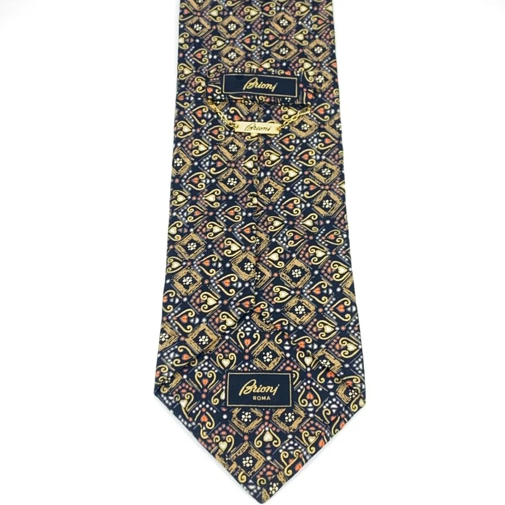 BRIONI Roma Black Gold Orange Gray Tie Mens Hearts Circles Art Necktie 60